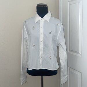 New Express Jewel Embellished Cropped White Boyfriend Portofino Shirt